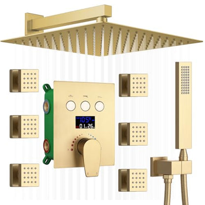 Temperature Display Rain Mixer Shower Faucet Set with 6 pcs Body Jets 12 inch Square Rainfall Shower Head with Handheld Spray Wall Mounted Rough-in Valve and Trim Included,Brushed Gold - color: Brushed Gold