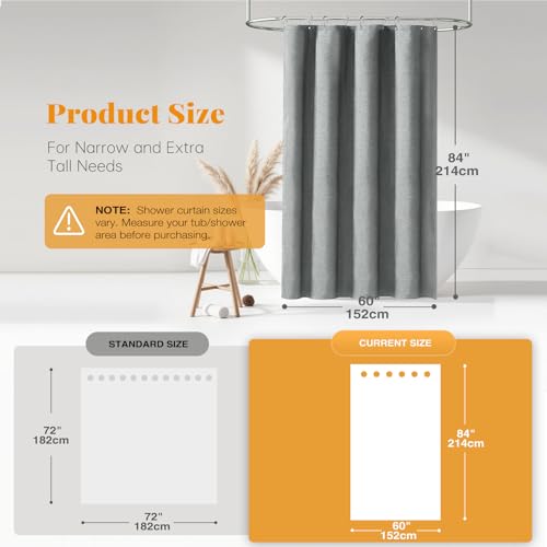 BTTN Narrow Long Linen Textured Fabric Shower Curtain, 60x84, Grey/Gray | Narrow Long Size, 230GSM Waterproof Polyester, Heavy Duty Cloth, Weighted Hem, 10 Hooks, Modern Hotel Style, Machine Washable - color: Grey, size: 60"W x 84"L (Pack of 1)