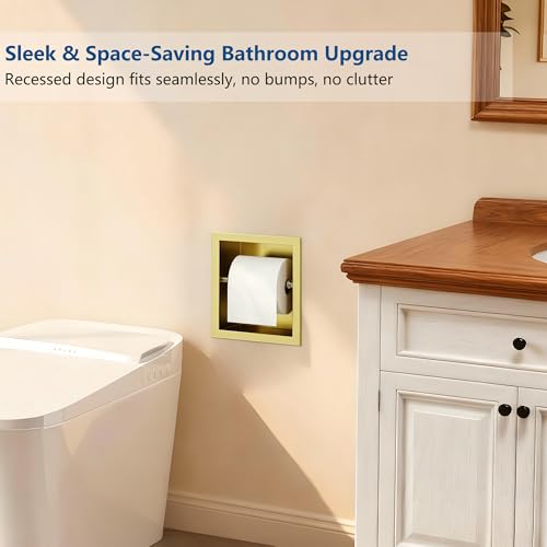 Neodrain Gold Recessed Toilet Paper Holder,for Standard/Mega Roll | 304 Stainless Steel,Built-in Wall Toilet Paper Holder ,Stylish Mega Roll Tissue Dispenser for Bathroom, RV - color: Gold