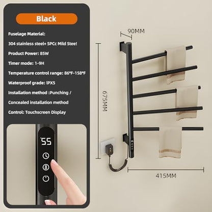 180°Rotation Electric Heated Towel Rack Wall Mounted Towel Warmer Racks 5 Bars Hardwired & Plug-in Hot Towel Rack with 1H-9H Timer for Home Bathroom Salons and Spas (Black) - color: Black, size: G63