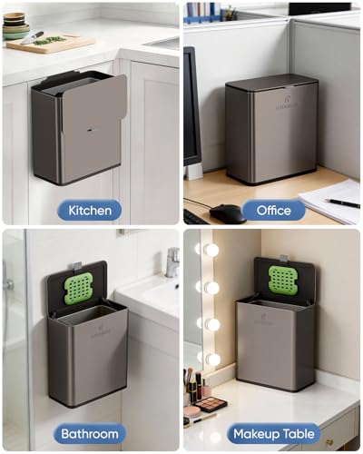 Kitchen Compost Bin, 8L/2.1G Small Trash Can with Lid, Slim Stainless Steel Hanging Garbage Bin for Kitchen, Bathroom, Bedroom, Office, Wall Mounted Compost Bin with Inner Bucket, Grey - size: 8L-Titanium Grey