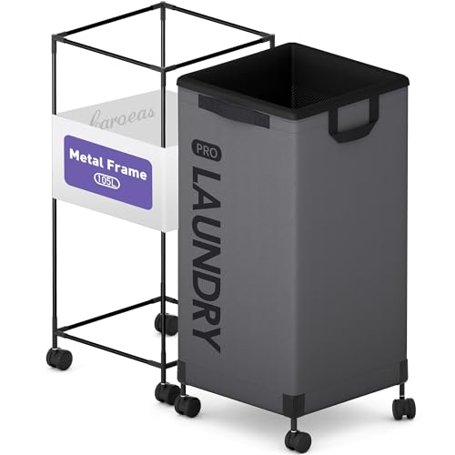 Caroeas Next-Gen 105L Matel Frame Laundry Basket with wheels, Heavy Duty Tall Rolling Laundry Hamper with Removable Wash Bag, Collapsible Freestanding Clothes Hamper For Laundry Room (100L,Grey,1Pack) - color: Grey