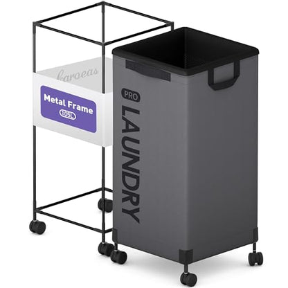 Caroeas Next-Gen 105L Matel Frame Laundry Basket with wheels, Heavy Duty Tall Rolling Laundry Hamper with Removable Wash Bag, Collapsible Freestanding Clothes Hamper For Laundry Room (100L,Grey,1Pack) - color: Grey