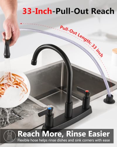 Kitchen Faucet with Side Sprayer, 8 Inch Centerset 4-Hole Black | Lead-Free 4-Hole High Arc Kitchen Sink Faucet, 1.8 GPM, 360° Spout - color: Black