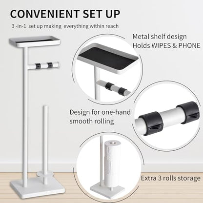 Clasin Home White Toilet Paper Holder Stand with Metal Top Shelf, Free Standing Bathroom Tissue Roll Holder with Weighted Base and Storage for 4 Rolls - color: White