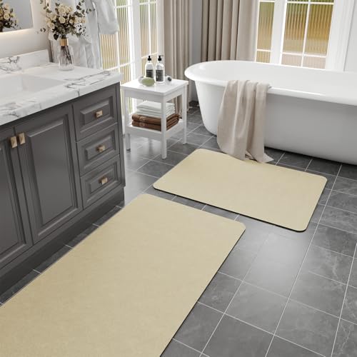 Bathroom Mat Rugs Sets 2 Piece Stone Bath Mats for Bathroom, Beige | Non-Slip Thin Bath Mat Quick Dry Super Absorbent Diatomaceous Earth Bathroom Rug with Rubber Backed for Shower Floors - color: Beige, size: 47" x 17" + 24" x 17" (Rectangular)