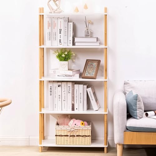 5-Tier Expandable Freestanding Open Bamboo Book Shelf - No-Tool Assembly & Modular,Bathroom Storage Shelf Unit Plant Stand for Small Space, Bedroom, Living Room, Home Office (White, 5-Tier) - color: White 5-tier-1