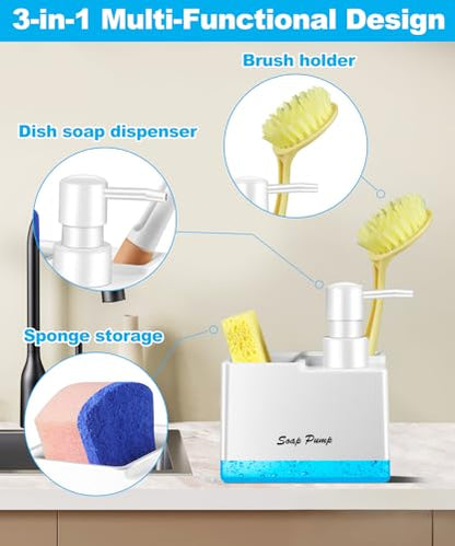 Dish Soap Dispenser with Sponge Holder, Small Hand Soap Dispenser with Sponge Caddy and Brush Holder, 3-in-1 Countertop Organizer for Kitchen Sink and Bathroom (White) - color: White