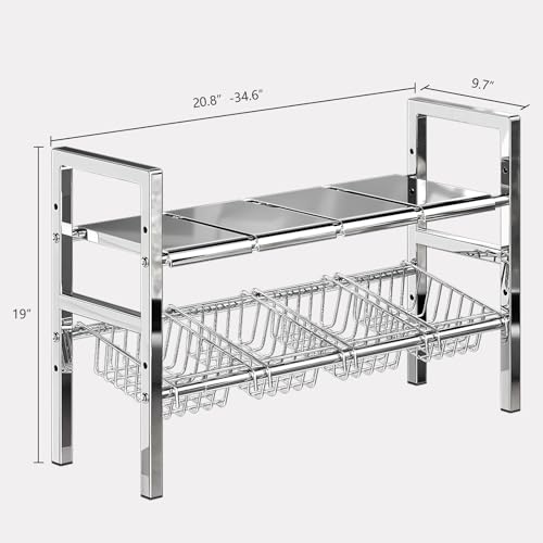Large Under Sink Organizer 2 Tier Expandable Heavy Stainless Steel Shelf Adjustable Height for Under Kitchen Bathroom Sink Organizers and Storage (Large Size: 4 Panels 4 Storage Baskets) - size: Large size: 4 panels 4 storage baskets