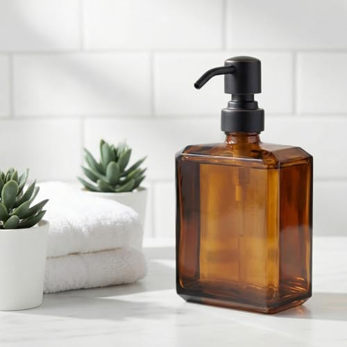 Amber Soap Dispenser Square Bottle and Oil Rubbed Bronze Pump, Glass Dish Soap Dispenser with Stainless Steel Pump, 13.5 oz Lotion Dispenser for Bathroom, Kitchen Countertop - color: Amber Bottle With Oil Rubbed Bronze Pump, size: 13.5oz-Square