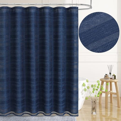 Long Boho Farmhouse Shower Curtain Set with Tassel, Linen Bohemian French Country Chic Bathroom Shower Curtain Set, Modern Striped Textured Shower Curtain 72x78 - Navy Blue - color: Navy, size: 72"W x 78"L (Pack of 1)