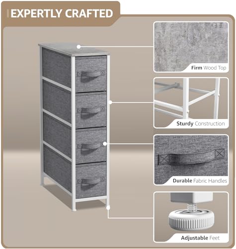 Sorbus Narrow Dresser with 4 Drawers - Vertical Slim Storage Chest of Drawers with Steel Frame, Wood Top & Easy Pull Fabric Bins for Small Spaces, Closets, Bedroom, Bathroom & Laundry (Gray) - color: Grey, style: 4 Drawer