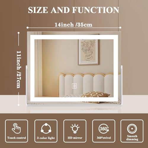 14 Inch LED Vanity Makeup Mirror with Lights, Large Metal Frame Lighted Tabletop Mirror with 3 Color Dimmable Touch Control, 360° Rotation for Bathroom Bedroom