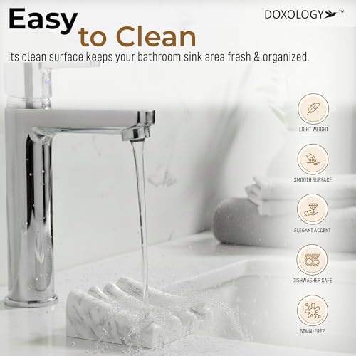 DOXOLOGY White Marble Soap Dish Bathroom Organizer - Resin Soap Dish with Rectangular Design 3.7" L x 2.8" W - Self Draining Soap Dishes Keeps Countertop Neat - Marble Look Soap Tray for Sink
