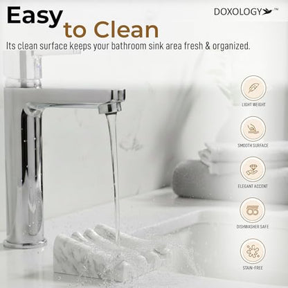 DOXOLOGY White Marble Soap Dish Bathroom Organizer - Resin Soap Dish with Rectangular Design 3.7" L x 2.8" W - Self Draining Soap Dishes Keeps Countertop Neat - Marble Look Soap Tray for Sink