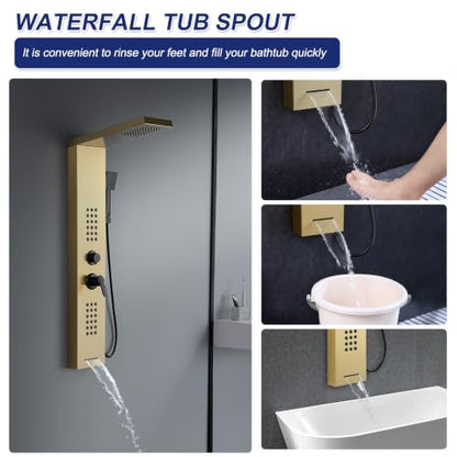 ROVATE 4 in 1 Rainfall Shower Panel Tower with Powerful Body Jets, Gold | High Pressure Stainless Steel Shower Column with Flexible Handheld, Waterfall Tub Spout, Adjustable Waterflow