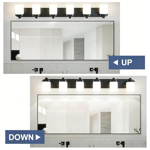 45 Inches Bathroom Vanity Light, 6-Light Black Bathroom Light Fixtures Over Mirror, Bathroom Light Shower Lamp with Milky White Square Glass Shade, Modern Farmhouse Lighting Fixtures - color: Black, size: 45 Inch : 6-lights