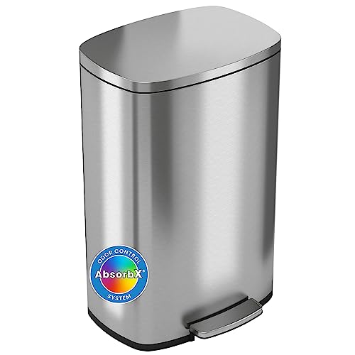 iTouchless SoftStep 13.2 Gallon Step Kitchen Trash Can with Lid and Odor Filter, 50 Liter Trashcan for Home Office Garage Bedroom Living Room Bathroom Silent Lid Close Stainless Steel Slim Wastebasket - color: Silver, Step 13 Gal