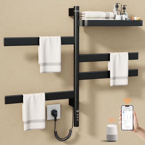 ENZE Smart Rotating Heated Towel Rack, 4-Bar, Matte Black | Wall-Mounted Electric Towel Warmer, Swivel Shelf, Wi-Fi App Control, 24H Timer, Stainless Steel - color: Black 17.72"x26.77"