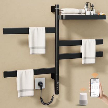 ENZE Smart Rotating Heated Towel Rack, 4-Bar, Matte Black | Wall-Mounted Electric Towel Warmer, Swivel Shelf, Wi-Fi App Control, 24H Timer, Stainless Steel - color: Black 17.72"x26.77"