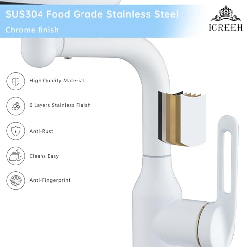 Bathroom Sink Faucet 1 Hole, White Multifunctional Basin Faucet with 4 Water Outlet Modes, Modern 360°Rotatable Bar Tap with Two Water Supply Pipes - color: White