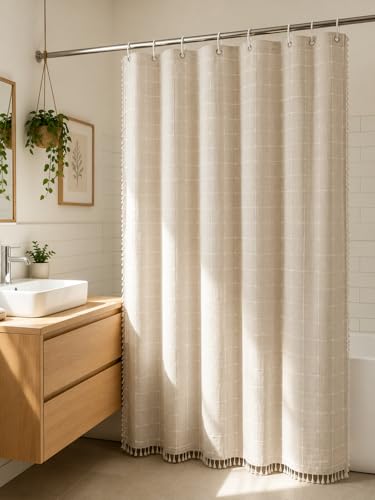 Boho Plaid Extra Long Shower Curtain - Farmhouse Checkered Polyester-Linen Fabric Shower Curtains for Bathroom, Rustic Shabby Chic Neutral Bathroom Curtain Set with Tassel 71x94 Inch - color: Cream, size: 71"W x 94"L (Pack of 1)