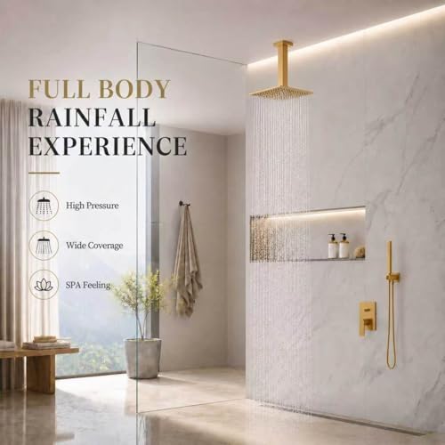 Rainfall Shower Head, BSTIIU 12 Inch Square Shaped Rain Shower Head, Ultra Thin Stainless Steel Ceiling or Wall Mounted Showerheads, Brushed Brass Gold - color: Brushed Brass Gold, size: 12-Inches, style: Square