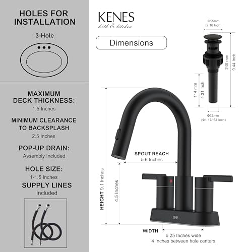 Matte Black Centerset Pull Out Bathroom Faucet 4 Inch 2 Handle 3 Hole | Pull Down Bathroom Faucet with Pop Up Drain & Supply Lines, Lead-Free cUPC & NSF Certified, 3 Hole Faucet for Vanity RV Bar - color: Matte Black