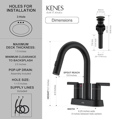 Matte Black Centerset Pull Out Bathroom Faucet 4 Inch 2 Handle 3 Hole | Pull Down Bathroom Faucet with Pop Up Drain & Supply Lines, Lead-Free cUPC & NSF Certified, 3 Hole Faucet for Vanity RV Bar - color: Matte Black