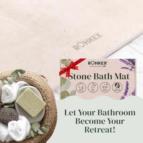 ROHKEX Stone Bath Mat - Diatomaceous Earth, Beige, 24x15, Non-Slip | Diatomaceous earth stone mat - fast-dry, absorbent, non-slip - Use for bathroom, shower & sink, easy clean - color: Beige