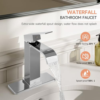 Chrome Bathroom Faucets Evolvegoods Modern Waterfall Bathroom Faucet | Single Handle 1 or 3 Hole Bathroom Sink Faucet RV Mixer Tap Vanity Faucet with Deck Plate Pop-up Drain and Supply Lines - color: Chrome