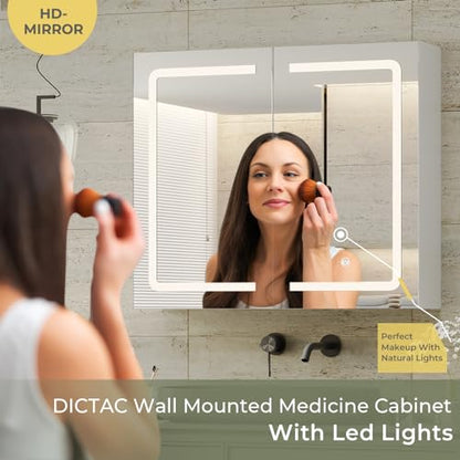 DICTAC Bathroom Medicine Cabinet with Mirrors and Led Lights 27.6x23.62 inch Double Doors Wall Mounted Mirror Cabinet with Storage Organizer Lighted Medicine Cabinets with Adjustable Shelves,White - size: 27.6x23.62 inch