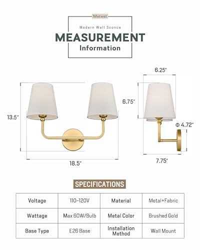 2 Light Bathroom Vanity Light, Brushed Gold Double Wall Sconce with Flared White Fabric Shade, Modern Sconces Wall Lighting for Hallway Bedroom Stairway, VL837-BG | 17" double wall sconce, upward only, E26 base, hardwired, bulbs not included, VL837-BG - c