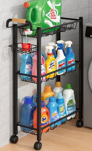 AOODA Laundry Room Cart with Top Detergent Holder, Metal Rolling Storage Cart Between Washer and Dryer, 3 Tier Narrow Laundry Room Organization and Storage with Wheels (Pure Black) - color: Pure Black