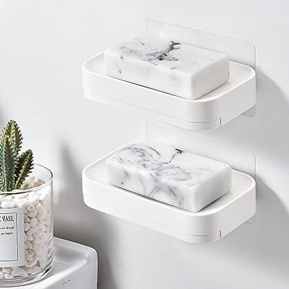 YOHOM 2PCS Adhesive Soap Dish with Drain Tray White Shower Bar Soap Holder Wall Mounted Bathroom Hanging Soap Tray Holder for Tub Plastic - color: Adhesive Soap Dish White