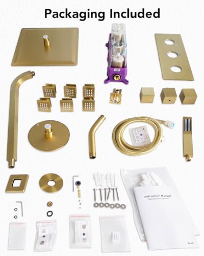 Wall Mount 12" High-Pressure Rainfall Shower Faucet, Dual Rainfall Shower Head System with 6 Body Jets (Brushed Gold) | Wall Mount, High-Pressure, Dual Rainfall Shower Head System, 6 Body Jets - color: Brushed Gold
