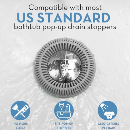 TubRing Pop-Up Drain Protector & Strainer Silicone Hair Catcher, Gray | Easy snap-in design fits around bathtub stoppers. Customizable utility guard for clog prevention. Fits 1.85"- 2.16" drains. - color: Gray