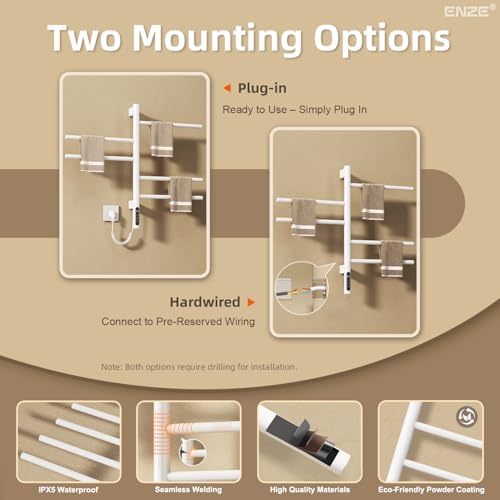 Smart Rotating Heated Towel Rack, White | 5-Bar Electric, Swivel Bars, Wi-Fi App Control, 24H Timer, Stainless Steel - color: White 16.34"x26.77"