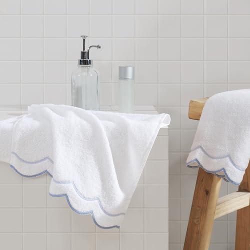 Peri Home 100% Cotton Hand Towel for Bathroom, Embroidered, Soft & Absorbent, 500 GSM, 1 Piece, 16" x 27", White with Blue Scallop | Bathroom, Embroidered, Soft & Absorbent - color: White With Blue Scallop, size: 1 Hand Towel