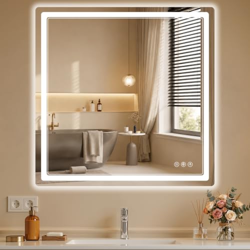 BEAUTYPEAK 36"x36" LED Bathroom Mirror with Lights | Backlit + Front Lit, Anti-Fog, HD Shatterproof Tempered Glass, Dimmable, Memory Function - size: 36"L x 36"W