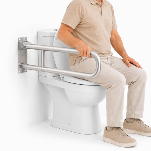 Flip UP Toilet Safety Rail Stainless Steel Silver: Modunful Brushed SUS304 Grab Bar with Arm Support - 23.6" Width, 400 lbs Capacity for Elderly, Disabled, Bathroom, Wide Base - color: S-2931.Silver