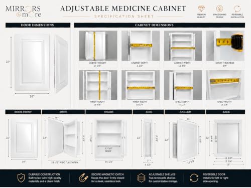 16” x 22” White Recessed Medicine Cabinet | Bathroom Storage Cabinet with Adjustable Shelves, Rust-Proof Design with Wooden Door | Modern Beveled Edge Wall Mounted Medicine Cabinets - color: White