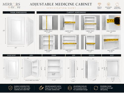 16” x 22” White Recessed Medicine Cabinet | Bathroom Storage Cabinet with Adjustable Shelves, Rust-Proof Design with Wooden Door | Modern Beveled Edge Wall Mounted Medicine Cabinets - color: White