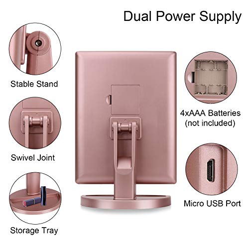 Dresser Mount Tri-Fold Lighted Vanity Mirror with 21 LED Lights, Touch Screen and 3X/2X/1X Magnification, Two Power Supply Modes Make Up Mirror,Travel Mirror - color: Rose Gold