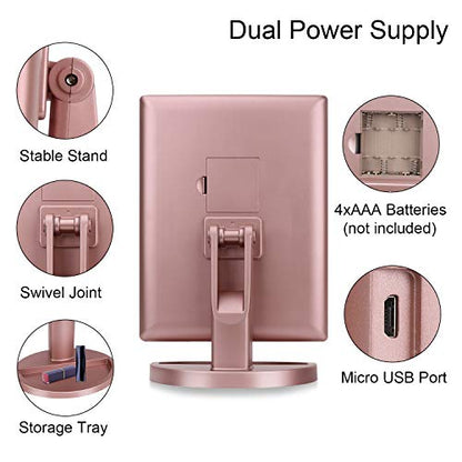 Dresser Mount Tri-Fold Lighted Vanity Mirror with 21 LED Lights, Touch Screen and 3X/2X/1X Magnification, Two Power Supply Modes Make Up Mirror,Travel Mirror - color: Rose Gold