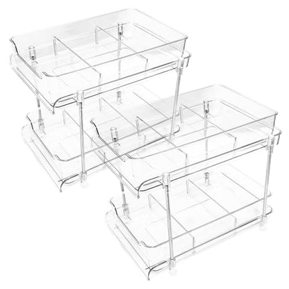 2 Pack Bathroom Storage Organizer with Dividers, 2-Tier Clear Vanity Counter Makeup Storage, Stackable Pull Out Under Sink Organizers for Bathroom Kitchen Pantry
