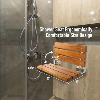 20 Inch Folding Teak Shower Bench - Wall Mounted Space-Saving Shower Seat for Elderly & Adults, Brushed Nickel Cover, 400lb Weight Capacity, Ideal for Shower