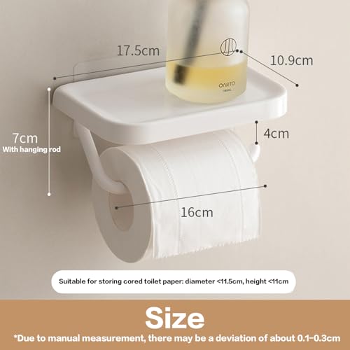 Self Adhesive Toilet Paper Holder with Shelf, No Drill Wall Mounted Bathroom Tissue Holder, Sticky TP Roll Holder with Phone Shelf for RV, White