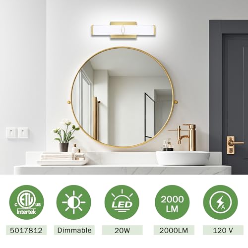 16 Inch Bathroom Vanity Light 2000LM, 5700K Daylight White Modern Bathroom Light Dimmable, AC 120V 20W Gold LED Vanity Lighting Fixtures Wall Sconce ETL Certified, 2Pack - color: Gold-5700K, size: 16 INCH(2 Pack)