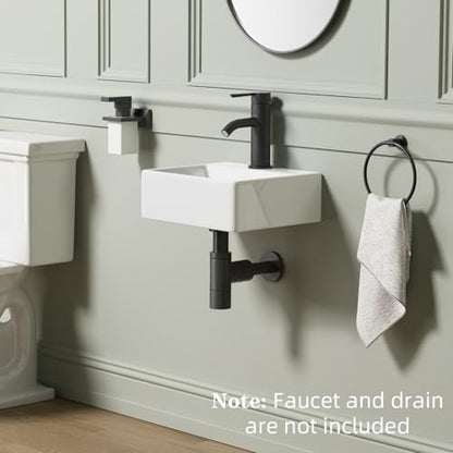 Wall Hung Bathroom Vessel Sink, QISHKA 13" X 11.5" Rectangular Floating Ceramic Wash Hand Basin White Wall Mount Vanity Sink for Small Bathroom and Small Cloakroom - size: 13.2" x 11.5" x 4.5"